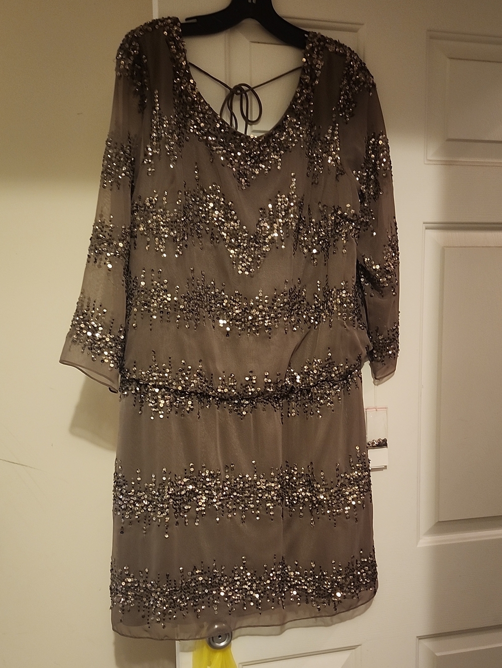 Adrianna Papell Taupe Sequin Long Sleeve Cocktail Dress